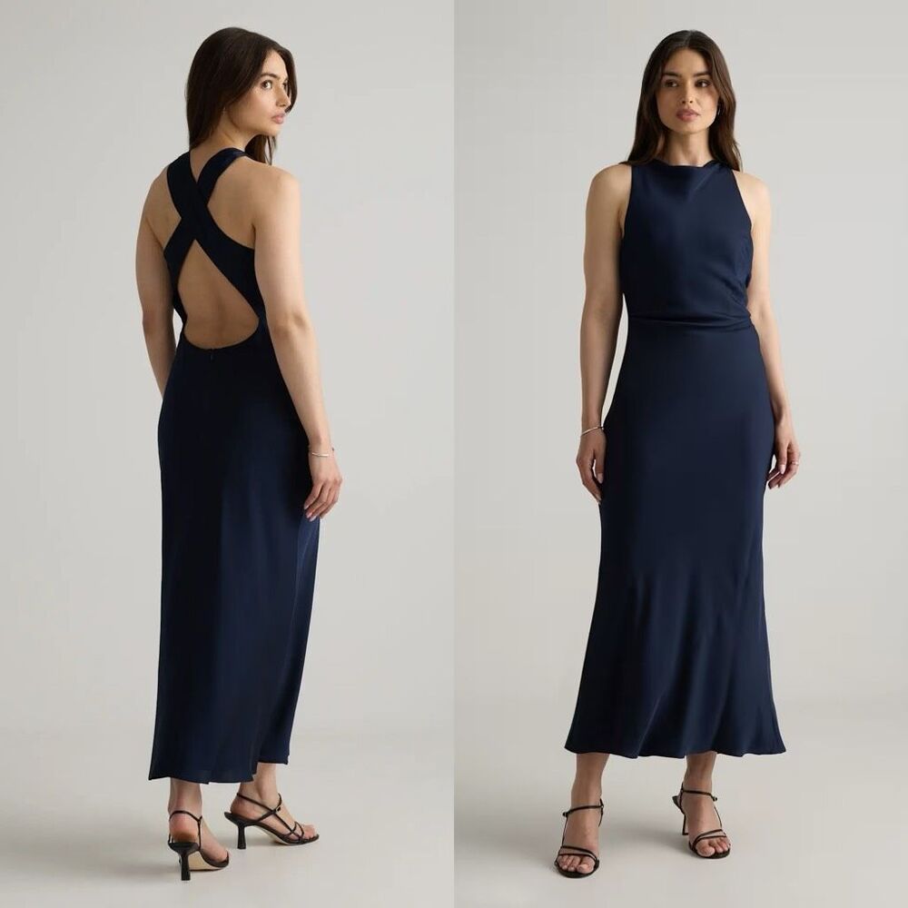 Quince washable stretch silk high neck midi dress navy medium #784